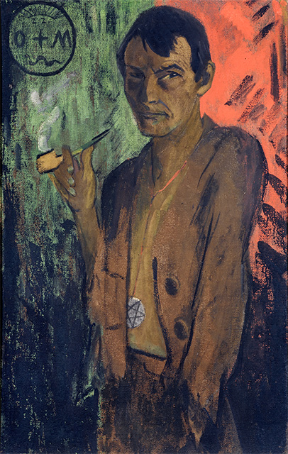 Otto Mueller: <i>Selbstbildnis mit Pentagramm</i>, um 1924. Leimfarbe auf Rupfen, 120 x 75,5 cm