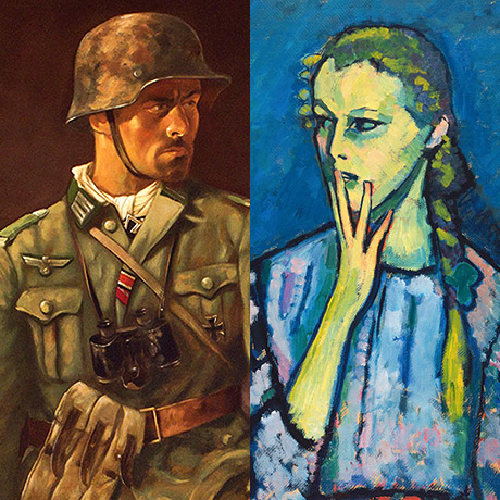 Bildausschnitte. links: Sepp Happ: <i>Über allem aber steht unsere Infanterie</i> (linker Teil eines Triptychons), 1943 Öl auf Leinwand, ca. 200 x 100 cm | rechts: Alexej von Jawlensky: <i>Mädchenbildnis</i>, 1909 Öl auf Leinwand, 92 x 67,2 cm