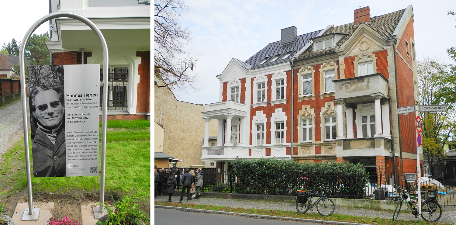 An Hannes Hegens 5. Todestag, dem 8. November 2019, trafen sich anlässlich der Enthüllung einer Gedenktafel zu seinen Ehren Fans und Verehrer seines Schaffens vor seinem ehemaligen Wohnhaus in der Waldowallee in Berlin-Karlshorst. Beide Fotos: © Ulrich Miksch