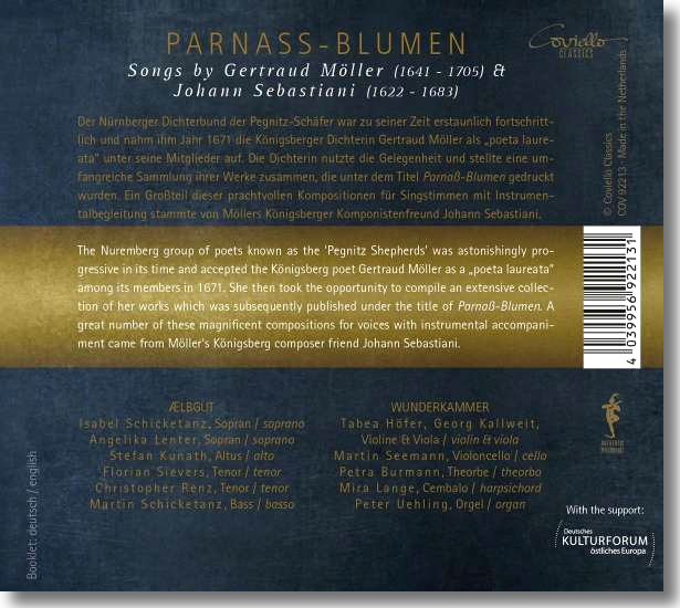 CD-Cover (Rückseite): Parnaß-Blumen. Johann Sebastiani: Lieder nach Texten von Gertraud Möller