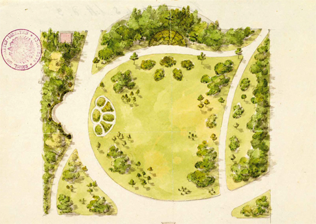 Der Schauplan für den Schlossgarten Groß Cammin (Kamień Wielki). Anschaulich dargestellt ist die Verteilung von Wegen, Plätzen und Pflanzungen. Entwurf: Peter Joseph Lenné, Zeichnung: Gerhard Koeber, 1833