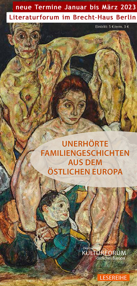 Flyer zur Lesereihe »Unerhörte Familiengeschichten aus dem östlichen Europa« 2023 in Berlin