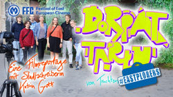 v.l.n.r.: Filmschüler Benno Kühn, Filmschülerin Marlene Demmrich, Filmschüler Justus Maruschke, Stadtschreiberin Katrin Groth, Karmen Otu (Aparaaditehas Creative Factory), FSJler Danio Schneider, Filmmentorin Kathrin Lantzsch Foto: © Deutsches Kulturforum östliches Europa, 2024 • Vera Schneider | Schrift und Titelgrafik: Marlene Demmrich