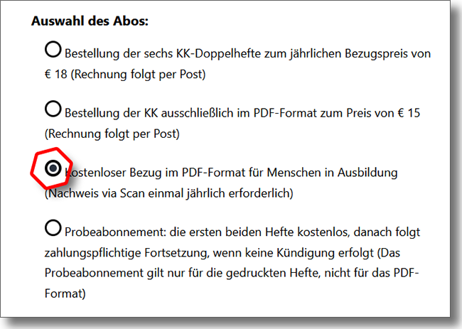 KK-Abo Auswahl-Button für Studenten