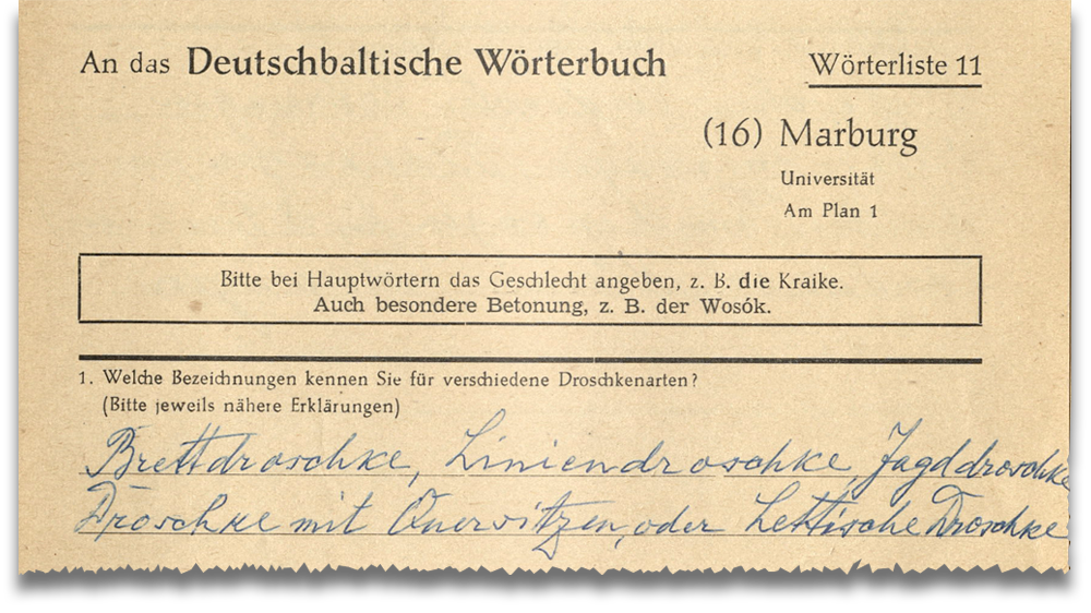 Ausriss aus einer Dialektbefragung für ein Deutschbaltisches Wörterbuch in den 1920er Jahren. © Herder-Institut Marburg