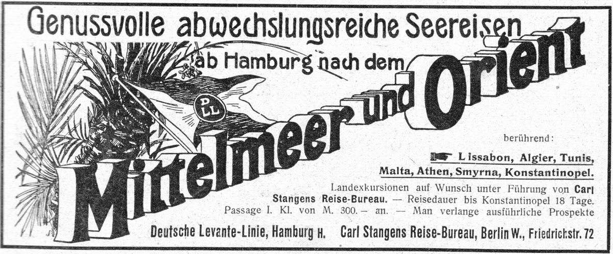 Anzeige aus dem Jahr 1904. Carl Stangen's Reisebureau bot bereits ab 1873 Orientreisen an (c) wikiwand