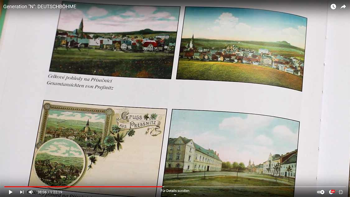 Historische Postkarten von Preßnitz im Dokumentarfilm »Generation ›N‹: Deutschböhme« von 2016, der ein Jahr später den deutsch-tschechischen Journalistenpreis gewonnen hat.