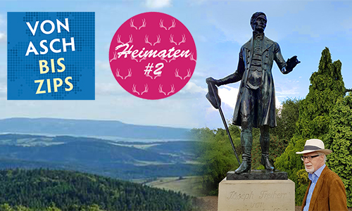 Eulengebirge/Góry und Winfried Smaczny vor dem Eichendorff-Denkmal in Breslau/Wroclaw