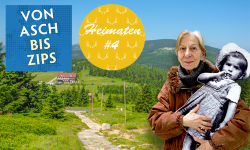 Die Collage zeigt Wolftraud de Concini als Kind und heute (© privat) vor der Landschaft des Riesengebirges (tschechisch Krkonoše, polnisch Karkonosze | © Marcin via Adobe Stock). 