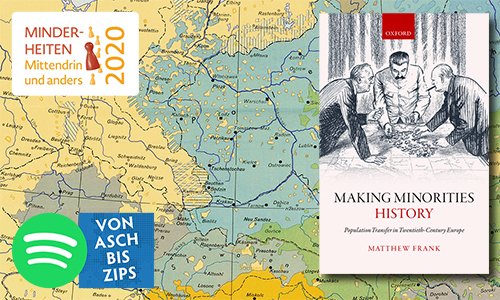 Buchcover »Making Minorities History« von Matthew Frank und ein Ausschnitt der Karte »Völker und Sprachen vor dem Ersten Weltkrieg« Karte: © 1958, Velhagen &amp; Klasing