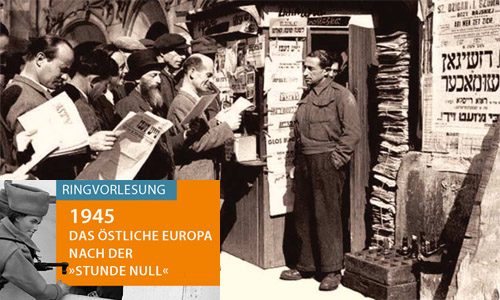 Buchcover: Helga Hirsch: Gehen oder bleiben. Deutsche und polnische Juden in Schlesien und Pommern nach 1945 (Ausschnitt), Logo der Ringvorlesung 2015:  1945 – Das östliche Europa nach der »Stunde Null«