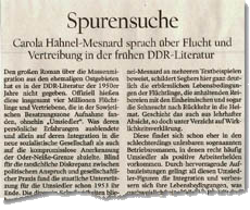 Potsdamer Neueste Nachrichten, 29.10.2011: Spurensuche. Carola Hähnel-Mesnard sprach über Flucht und Vertreibung in der frühen DDR-Literatur (Ausriss)