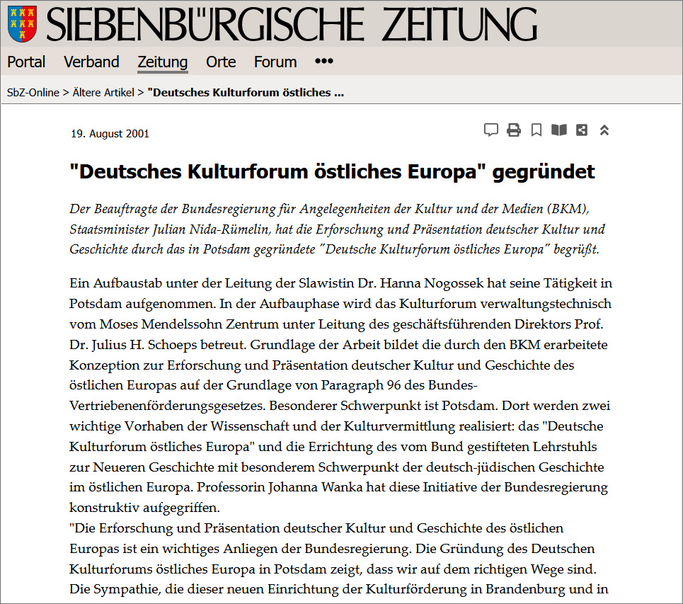 Screenshot: Siebenbürgische Zeitung, 19.01.2001 – »Deutsches Kulturforum östliches Europa« gegründet