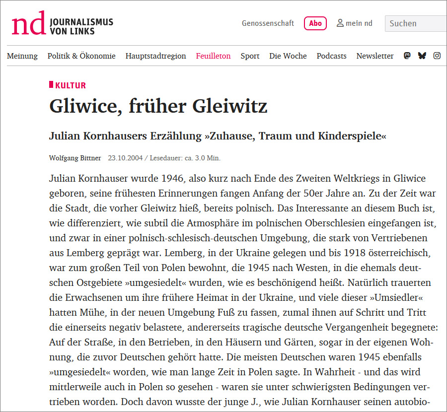 Screenshot: Neues Deutschland, 23.10.2004: Głiwice, früher Gleiwitz