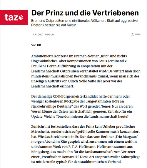 Screenshot: taz, 14.11.2007: Der Prinz und die Vertriebenen (Ausschnitt)