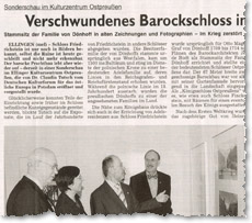 Zeitungsausschnitt: Weißenburger Tagblatt, 27./28.03.2010: Verschwundenes Barockschloss im Blickfeld Stammsitz der Familie von Dönhoff in alten Zeichnungen und Fotographien • Im Krieg zerstört • Etliche Kunstgegenstände gesichert, 