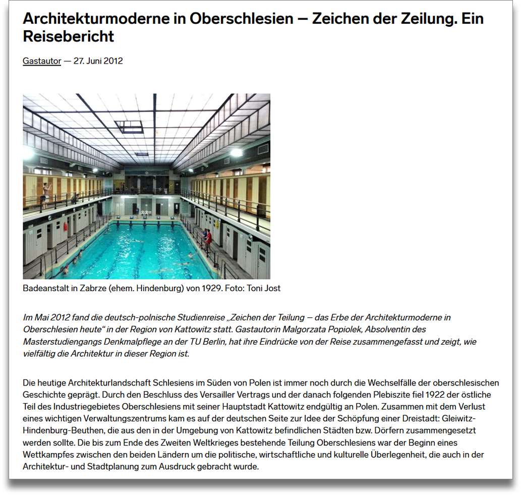 Screenshot: 27.06.2012, urbanophil.net: Architekturmoderne in Oberschlesien – Zeichen der Zeilung. Ein Reisebericht