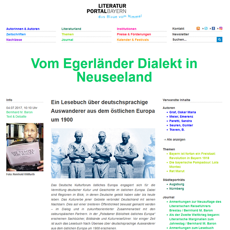 Screenshot – Literaturportal Bayern, 04.07.2017: Vom Egerländer Dialekt in Neuseeland. Ein Lesebuch über deutschsprachige Auswanderer aus dem östlichen Europa um 1900