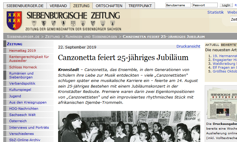 Screenshot der Siebenbürgischen Zeitung