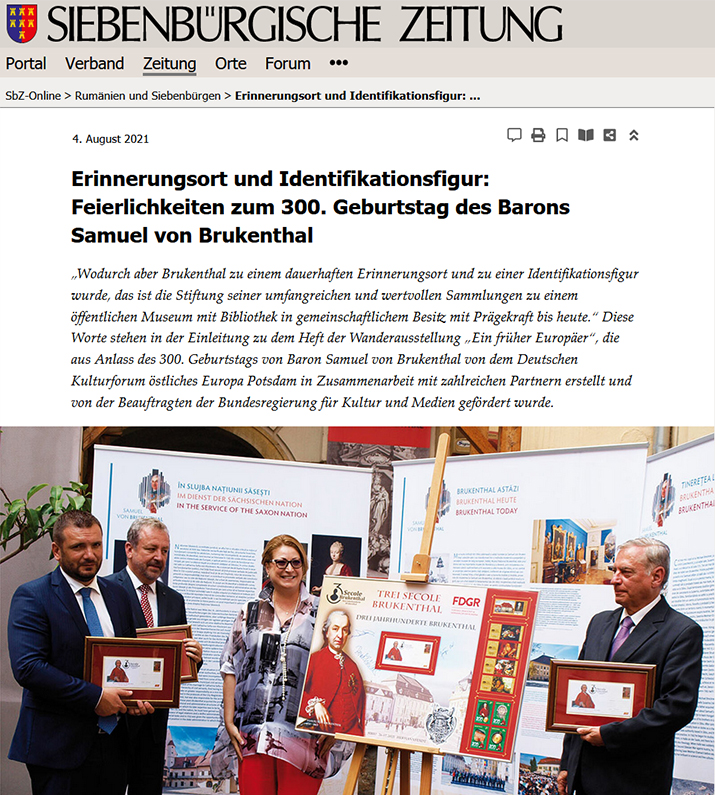 Screenshot: »Erinnerungsort und Identifikationsfigur: Feierlichkeiten zum 300. Geburtstag des Barons Samuel von Brukenthal« Siebenbürgische Zeitung, 04.08.2021