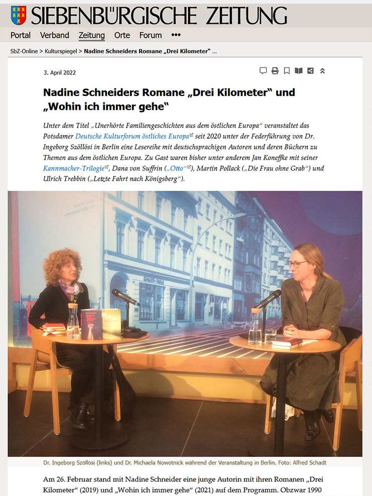 Screenshot: Siebenbürgische Zeitung, 03.04.2022: Nadine Schneiders Romane »Drei Kilometer« und »Wohin ich immer gehe«