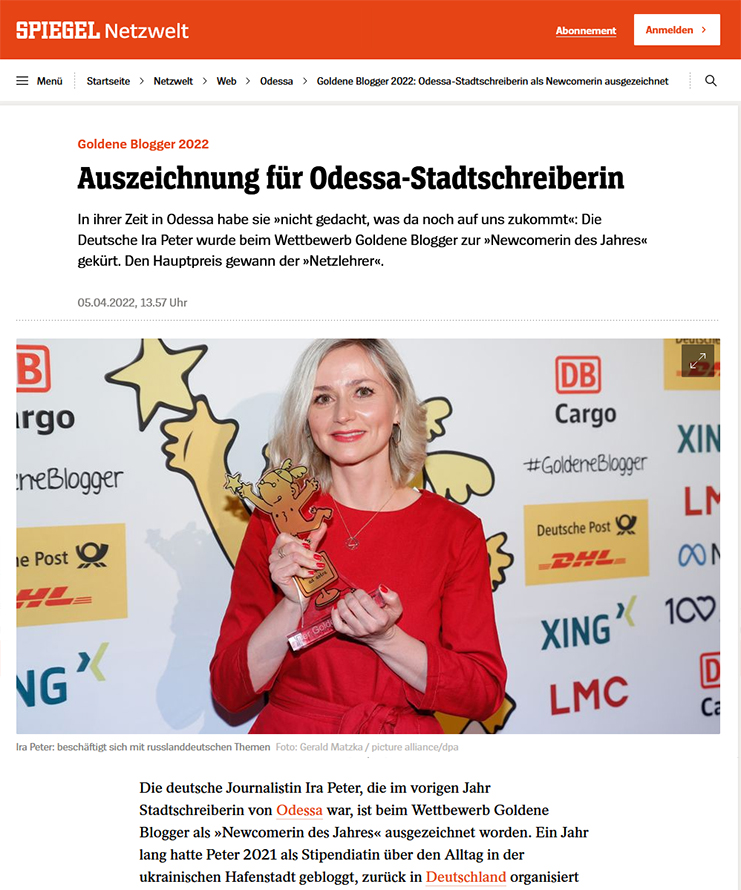 Screenshot: Der Spiegel, 05.04.2022:  Auszeichnung für Odessa-Stadtschreiberin 