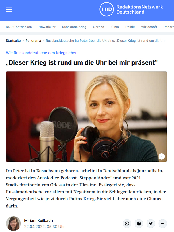 Screenshot: RND, 22.04.2022: Ira Peter: »Dieser Krieg ist rund um die Uhr bei mir präsent« (Ausschnitt)