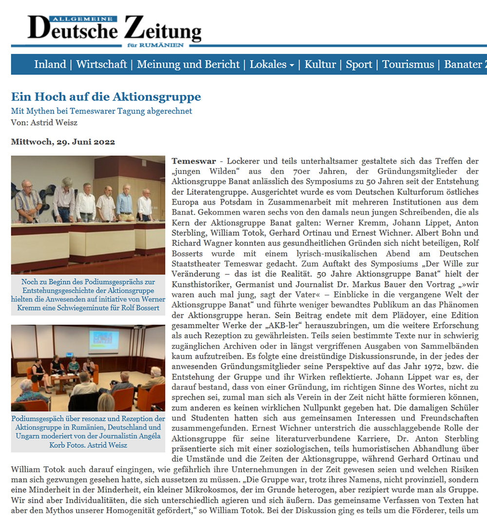 Screenshot: Allgemeine Deutsche Zeitung für Rumänien, 29.06.2022: Ein Hoch auf die Aktionsgruppe. Mit Mythen bei Temeswarer Tagung abgerechnet. Von Astrid Weisz