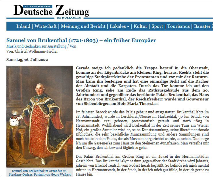 Allgemeine Deutsche Zeitung für Rumänien, 16.07.2022: Samuel von Brukenthal (1721-1803) – ein früher Europäer