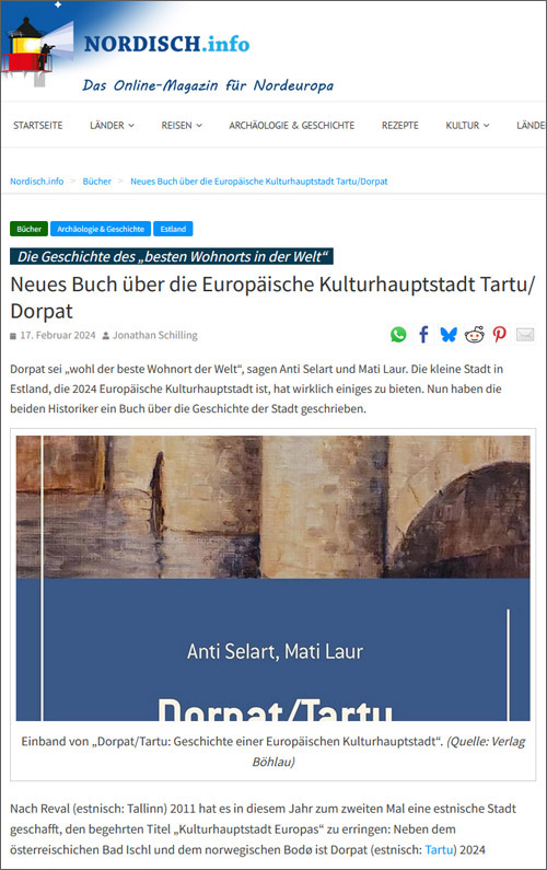 Screenshot: 17.02.2024, www.nordisch.info: Neues Buch über die Europäische Kulturhauptstadt Tartu/Dorpat Screenshot: 17.02.2024, www.nordisch.info: Neues Buch über die Europäische Kulturhauptstadt Tartu/Dorpat