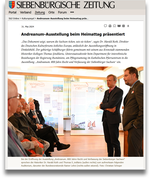 Siebenbürgische Zeitung online, 31.05.2024: Andreanum-Ausstellung beim Heimattag präsentiert (Ausschnitt) Siebenbürgische Zeitung online, 31.05.2024: Andreanum-Ausstellung beim Heimattag präsentiert (Ausschnitt)