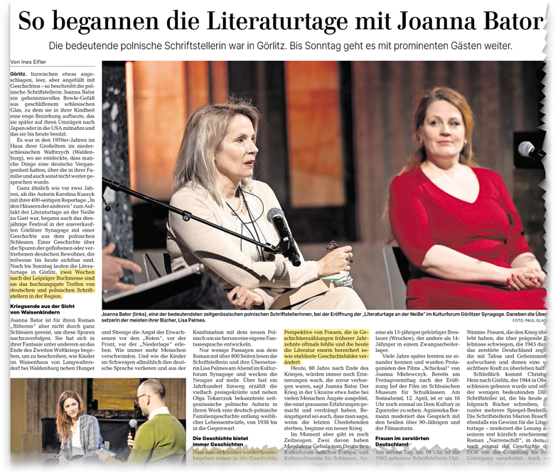Sächsische Zeitung, 12./13.04.2025: So begannen die Literaturtage mit Joanna Bator (Ausschnitt) Sächsische Zeitung, 12./13.04.2025: So begannen die Literaturtage mit Joanna Bator (Ausschnitt)