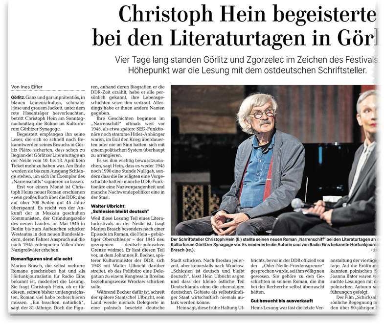Sächsische Zeitung, 15.04.2025: Christoph Hein begeistert in Görlitz mit seinem neuen Roman »Das Narrenschiff« (Ausschnitt) Sächsische Zeitung, 15.04.2025: Christoph Hein begeistert in Görlitz mit seinem neuen Roman »Das Narrenschiff« (Ausschnitt)
