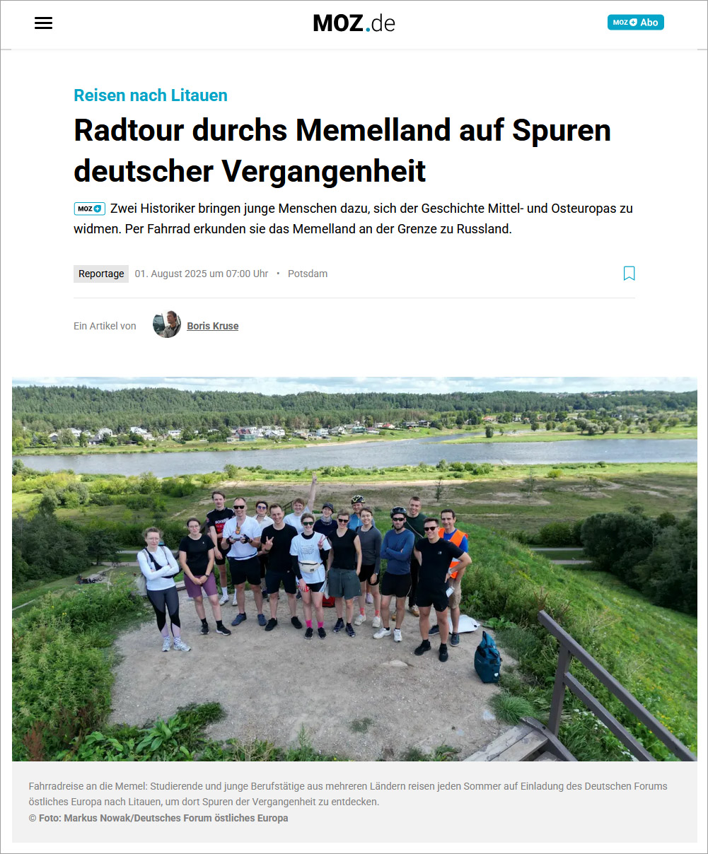 Screenshot: Märkische Oderzeitung – MOZ, 01.08.2025: »Radtour durchs Memelland auf Spuren deutscher Vergangenheit« (Ausschnitt) Screenshot: Märkische Oderzeitung – MOZ, 01.08.2025: »Radtour durchs Memelland auf Spuren deutscher Vergangenheit« (Ausschnitt)