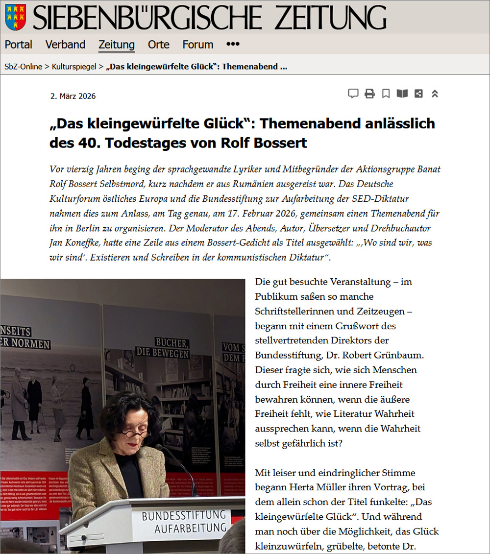 Screenshot: Siebenbürgische Zeitung, 02.03.2026 – »Das kleingewürfelte Glück«: Themenabend anlässlich des 40. Todestages von Rolf Bossert (Ausschnitt)