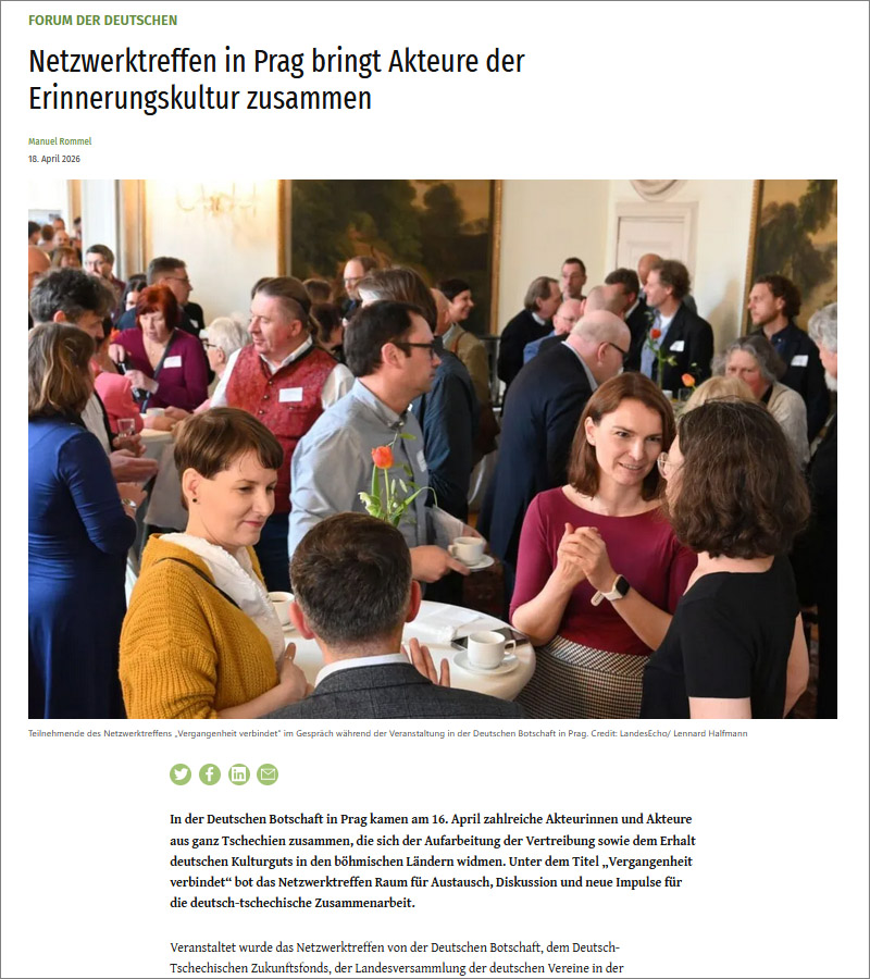 Screenshot: Landesecho – Das Magazin der Deutschen in der Tschechischen Republik, 18.04.2026: Netzwerktreffen in Prag bringt Akteure der Erinnerungskultur zusammen