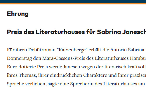 Die Welt online, 04.01.2011: Preis des Literaturhauses für Sabrina Janesch (Ausschnitt)