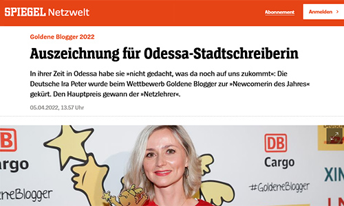 Screenshot: Der Spiegel, 05.04.2022:  Auszeichnung für Odessa-Stadtschreiberin (Ausschnitt)