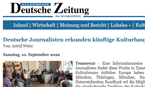 Screenshot: Allgemeine Deutsche Zeitung für Rumänien, 10.09.2022: Deutsche Journalisten erkunden künftige Kulturhauptstadt. Von Astrid Weisz (Ausschnitt)