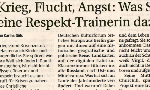 Artikel, 22.10.2022, Nordkurier: Krieg, Flucht, Angst: Was Schüler und eine Respekttrainerin sagen (Ausschnitt)