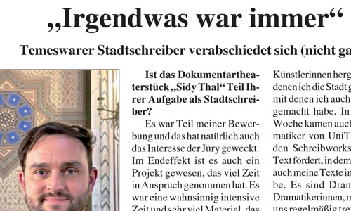 Allgemeine Deutsche Zeitung für Rumänien – ADZ, 26.09.2023: »Irgendwas war immer«. Temeswarer Stadtschreiber verabschiedet sich (nicht ganz) (Ausriss)