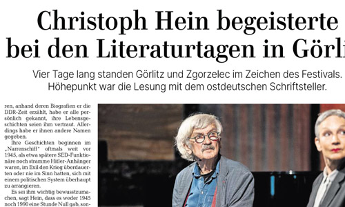 Sächsische Zeitung, 15.04.2025: Christoph Hein begeistert in Görlitz mit seinem neuen Roman »Das Narrenschiff« (Ausschnitt)
