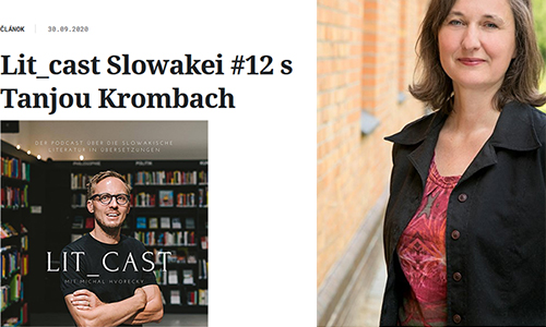 Screenshot von der Website www.litcentrum.sk, auf der der Podcast »Lit_cast Slowakei« von Michal Hvorecký läuft. Zu Gast in der 12. Ausgabe: Tanja Krombach vom Deutschen Kulturforum östliches Europa