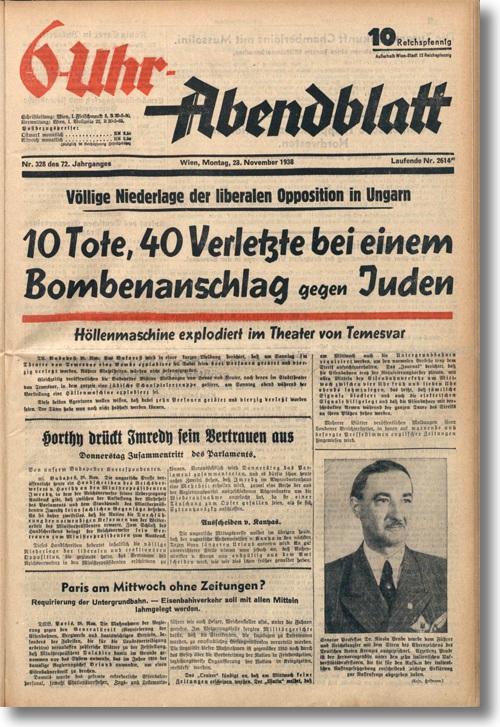 Titelseite der Wiener Zeitung »6-Uhr-Abendblatt« vom 28. November 1938 mit dem Bericht über den Bombenanschlag in Temeswar. © ANNO/Österreichische Nationalbibliothek