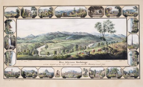 Das Glatzer Bergland mit 20 kleinen Ansichten, um 1830, kolorierte Lithographie nach Carl Julius Rieden von Carl Theodor Mattis, Schmiedberg