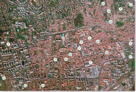 Stadtplan mit Markierungen der im Buch abgebildeten Orte