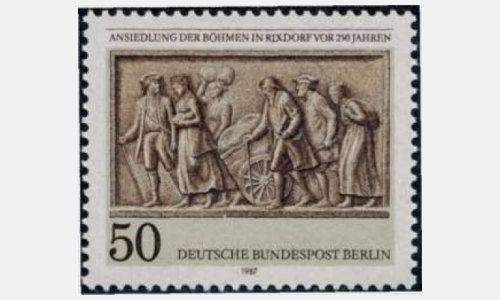 Ansiedlung der Böhmen in Rixdorf vor 250 Jahren • Briefmarke der Deutschen Bundespost aus dem Jahre 1987. Das Motiv stammt von einer Plastik, die an dem Denkmal König Friedrich Wilhelm I. angebracht ist, welches Nachfahren der Einwanderer 1912 im Bö