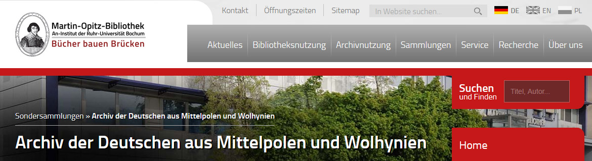 Screenshot: Website der Martin-Opitz-Bibliothek, Archiv der Deutschen aus Mittelpolen und Wolhynien