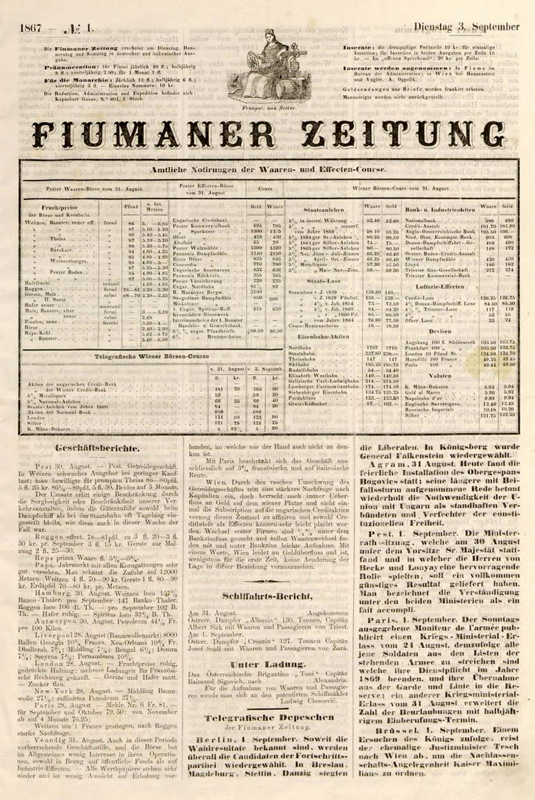 Ausgabe der <i>Fiumaner Zeitung</i> vom 3. September 1867